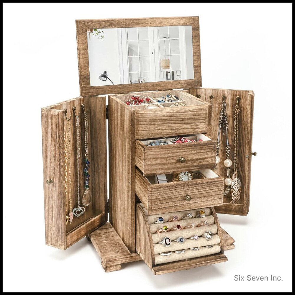 Rustic Wooden Jewelry Box Organizer with Mirror 4 Layer Display Farmhouse Style